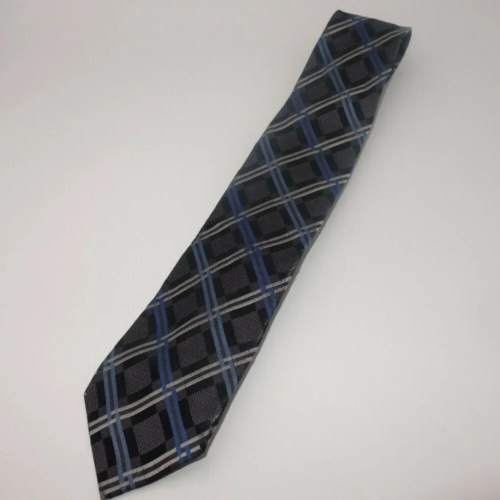 Michael Kors Classic Men's Tie Gray Black Blue Windowpane Argyle Stripe